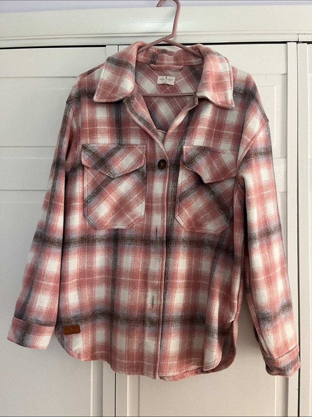 Simply Southern Pink Plaid Utility Shacket with White & Gray Accents